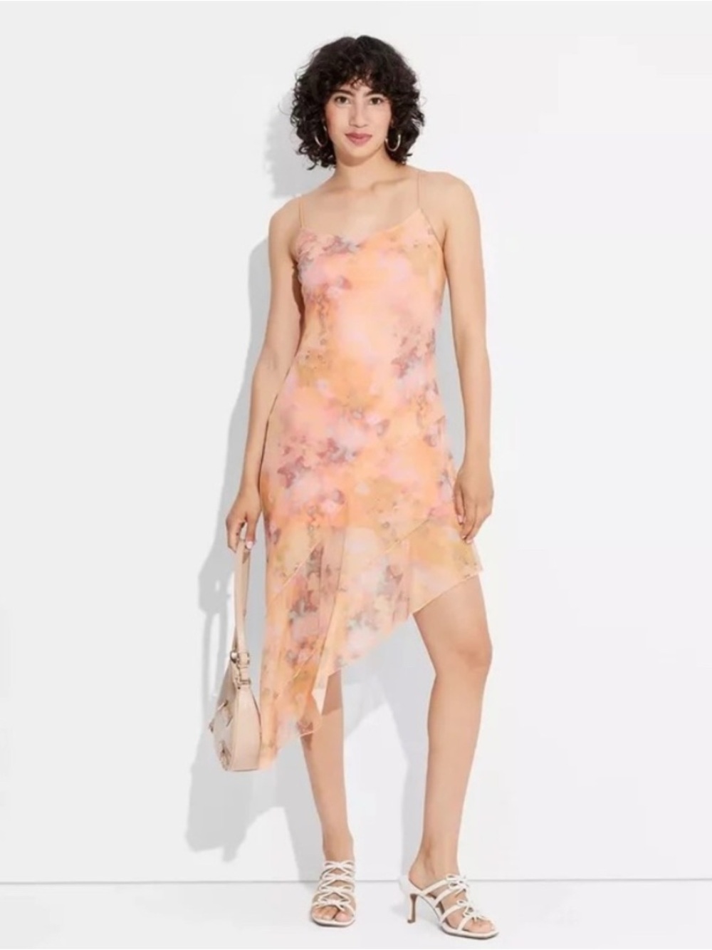 NWT Wild Fable Asymmetrical Mesh Mini Bodycon Dress Orange Floral Size Large